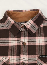 Close-up of the lapel of pink coffee men's timberline flannel shirt 