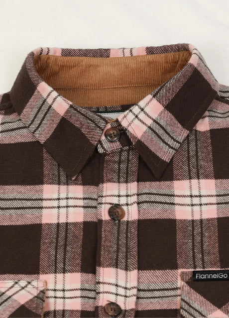 Close-up of the lapel of pink coffee men's timberline flannel shirt 