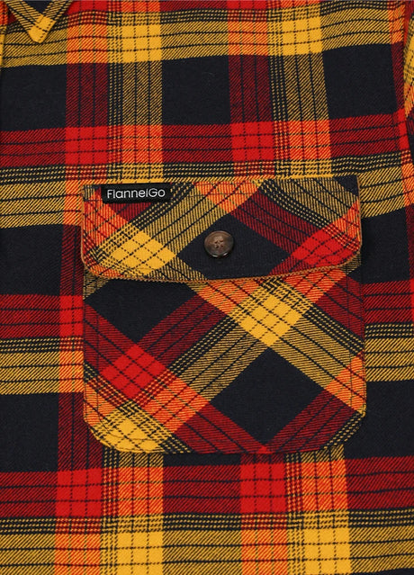 Close-up of the pocket of autumn leaf red men's midweight plaid flannel shirt