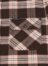 Close-up of the pocket of pink coffee men's midweight plaid flannel shirt