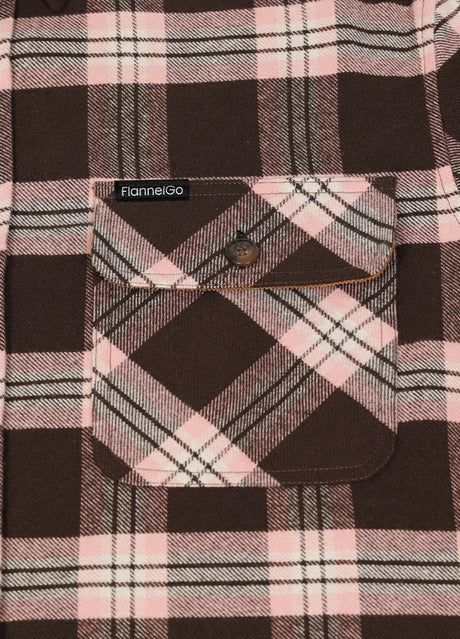 Close-up of the pocket of pink coffee men's midweight plaid flannel shirt