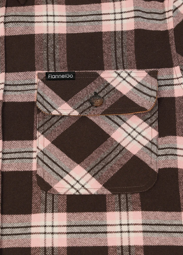 Close-up of the pocket of pink coffee men's midweight plaid flannel shirt
