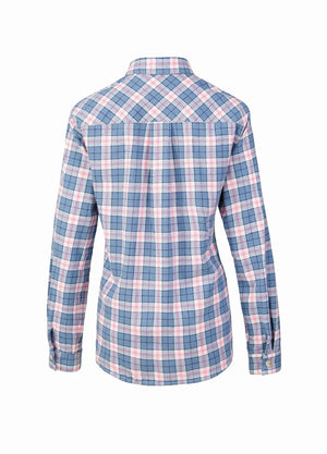 Back view of blue pink women's soft flannel shirt roll up sleeve-XR1112LF-S,XR1112LF-M,XR1112LF-L,XR1112LF-XL,XR1112LF-XXL