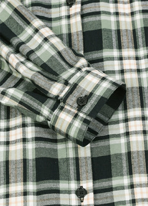 Close-up of the cuff on green cream women's soft flannel shirt roll up sleeve-XR1112GCM-S,XR1112GCM-M,XR1112GCM-L,XR1112GCM-XL,XR1112GCM-XXL