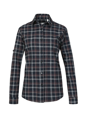 Front view of charcoal plaid women's soft flannel shirt roll up sleeve-XR1112CP-S,XR1112CP-M,XR1112CP-L,XR1112CP-XL,XR1112CP-XXL