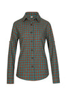 Front view of women's pine green brown button down plaid flannel shirt