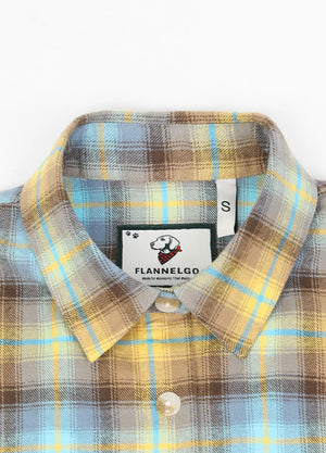 Close-up of the collar on yellow blue women's soft flannel shirt roll up sleeve-XR1112HL-S,XR1112HL-M,XR1112HL-L,XR1112HL-XL,XR1112HL-XXL