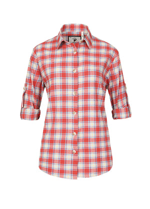 Product view of rust blue women's soft flannel shirt roll up sleeve-XR1112RDBE-S,XR1112RDBE-M,XR1112RDBE-L,XR1112RDBE-XL,XR1112RDBE-XXL