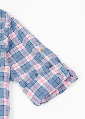 Product view of blue pink women's soft flannel shirt roll up sleeve-XR1112LF-S,XR1112LF-M,XR1112LF-L,XR1112LF-XL,XR1112LF-XXL