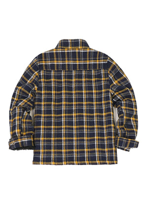 Back view of kid's navy gold sherpa fleece lined flannel jacket