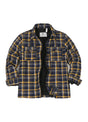Front view of kid's navy yellow sherpa fleece flannel shirt jacket