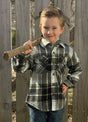 Lifestyle view of a boy wearing midnight dawn boys sherpa lined buffalo plaid fleece button down shirt jacket-kids-XR112MD-S,XR112MD-M,XR112MD-L,XR112MD-XL