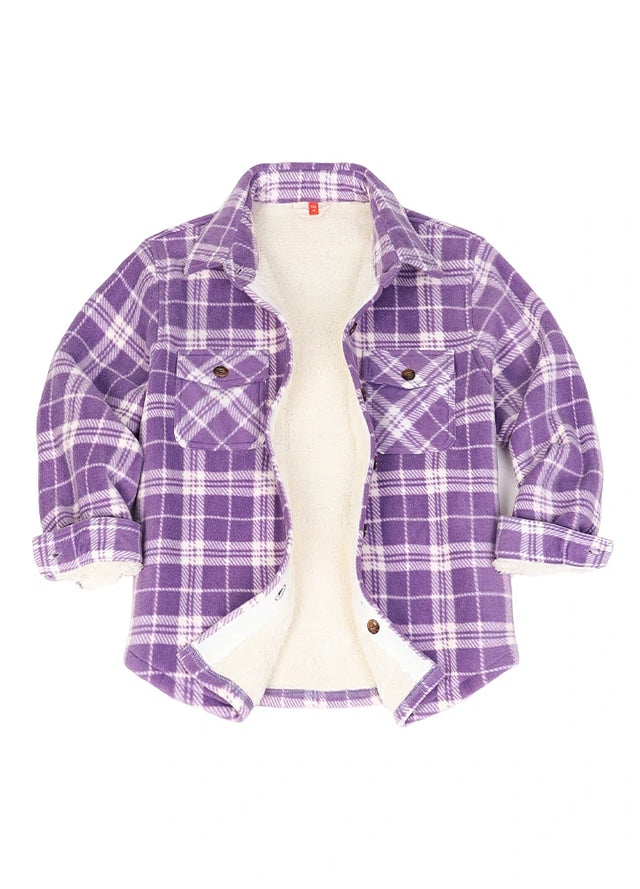 Front view of boys Purple White flannel shirt jacket