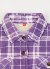 Detail of kids purple white flannel jacket with collar