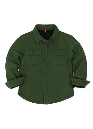 Front view of kids army green fleece shirt jacket buttoned