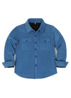Front view of kids light blue fleece shirt jacket buttoned