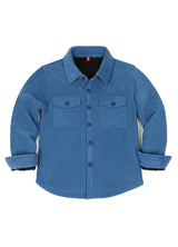 Front view of kids light blue fleece shirt jacket buttoned