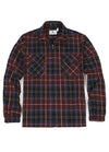 Front view of the zipper closed of red blue men's warm zip up plaid jacket