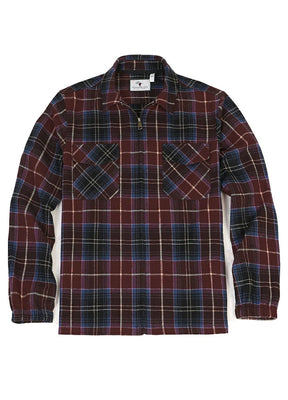 Front view of the zipper closed of red blue men's warm zip up plaid jacket