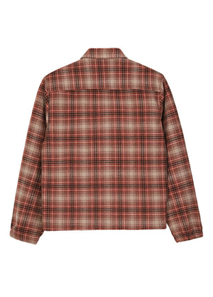 Back view of a red men's zip up plaid shacket 