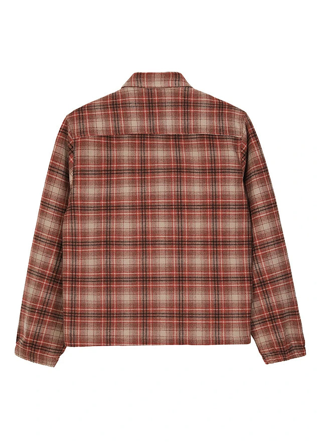 Back view of a red men's zip up plaid shacket 
