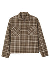 Front view of a coffee men's zip up plaid shirt jacket