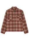 Front view of a red men's zip up plaid shacket