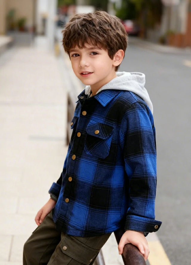 Kids Boys and Girls Quilted Lined Hooded Flannel Shirt Jacket,Snap Button