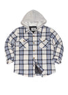Front view of blue whie  hooded flannel shirt jacket