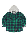 Front view of Green Navy  hooded flannel shirt jacket