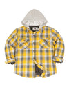 Front view of yellow gray  hooded flannel shirt jacket