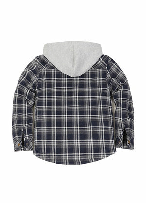 Back view of kids navy gray snap button flannel shirt jacket