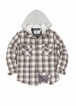 Front view of kids hooded flannel shirt jacket buttoned