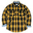 Front view of button closed bold yellow men's quilted lined plaid jacket