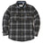 Front view of button closed charcoal haze men's quilted lined plaid jacket