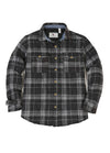 Front view of snap button closed black gray men's quilted lined plaid jacket