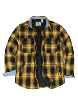 Front view of bold yellow men's quilted lined plaid shirt jacket