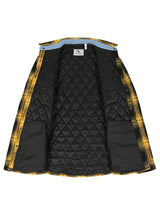Front view of the lining of bold yellow men's warm quilted lined plaid jacket