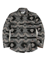 Front view of black grey men's aztec shirt jacket buttoned
