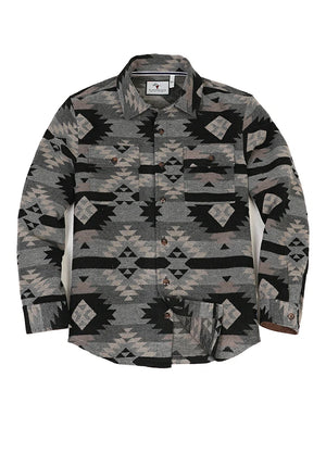 Front view of black grey men's aztec shirt jacket buttoned