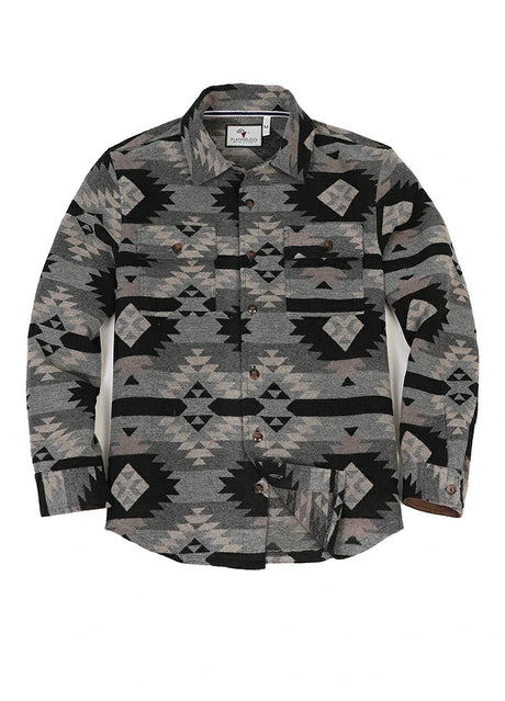 Front view of black grey men's aztec shirt jacket buttoned