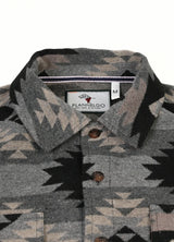 Detail of black grey men's aztec shirt jacket with cozy collar