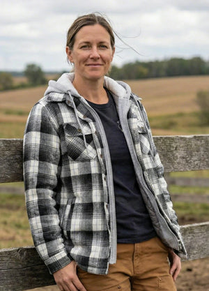 Lifestyle view of a woman wearing frost shadow women's full zip up quilted lined flannel jacket snap button closure-XR1135FS-S,XR1135FS-M,XR1135FS-L,XR1135FS-XL,XR1135FS-XXL