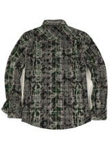 Back view of a green black men's acid washed plaid flannel shirt