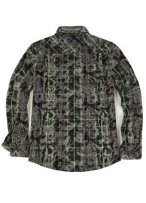 Back view of a green black men's acid washed plaid flannel shirt