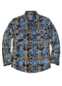 Front view of a blue and black men's acid washed flannel shirt