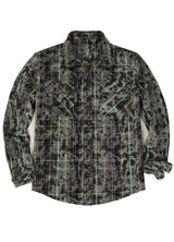 Front view of a green black men's acid washed plaid flannel shirt