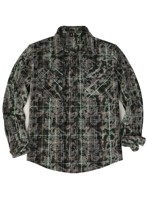 Front view of a green black men's acid washed plaid flannel shirt