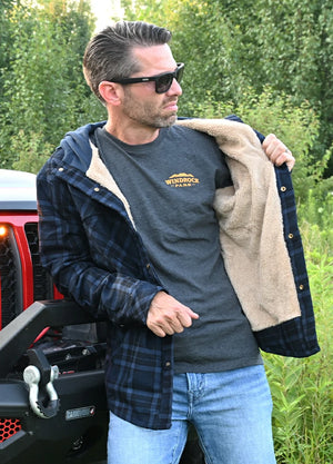 Lifestyle view of a man wearing indigo men's sherpa lined water repellent flannel jacket with hood 100% cotton-XR1142IO-S,XR1142IO-M,XR1142IO-L,XR1142IO-XL,XR1142IO-XXL