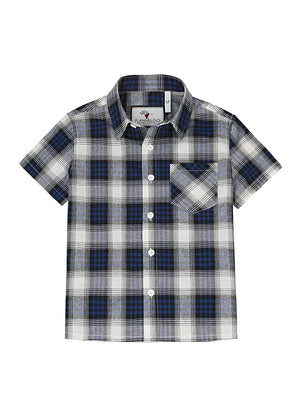 Front view of kids navy white short sleeve flannel shirt